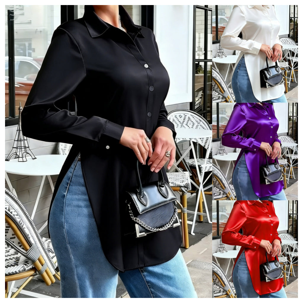 Womens Solid-Color Irregular-Hem Long-Sleeve Satin Shirt