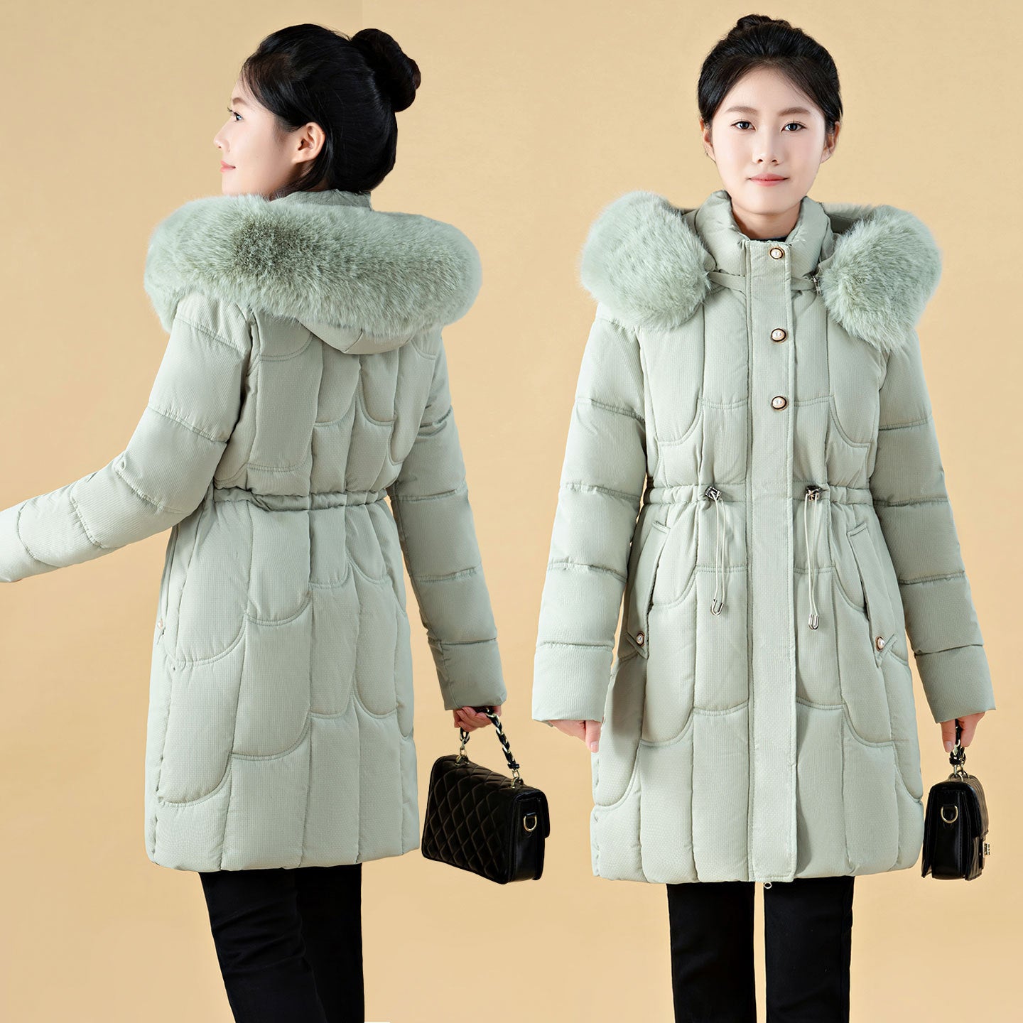 Womens Mid-Length, Loose-Fit Down Padded Jacket
