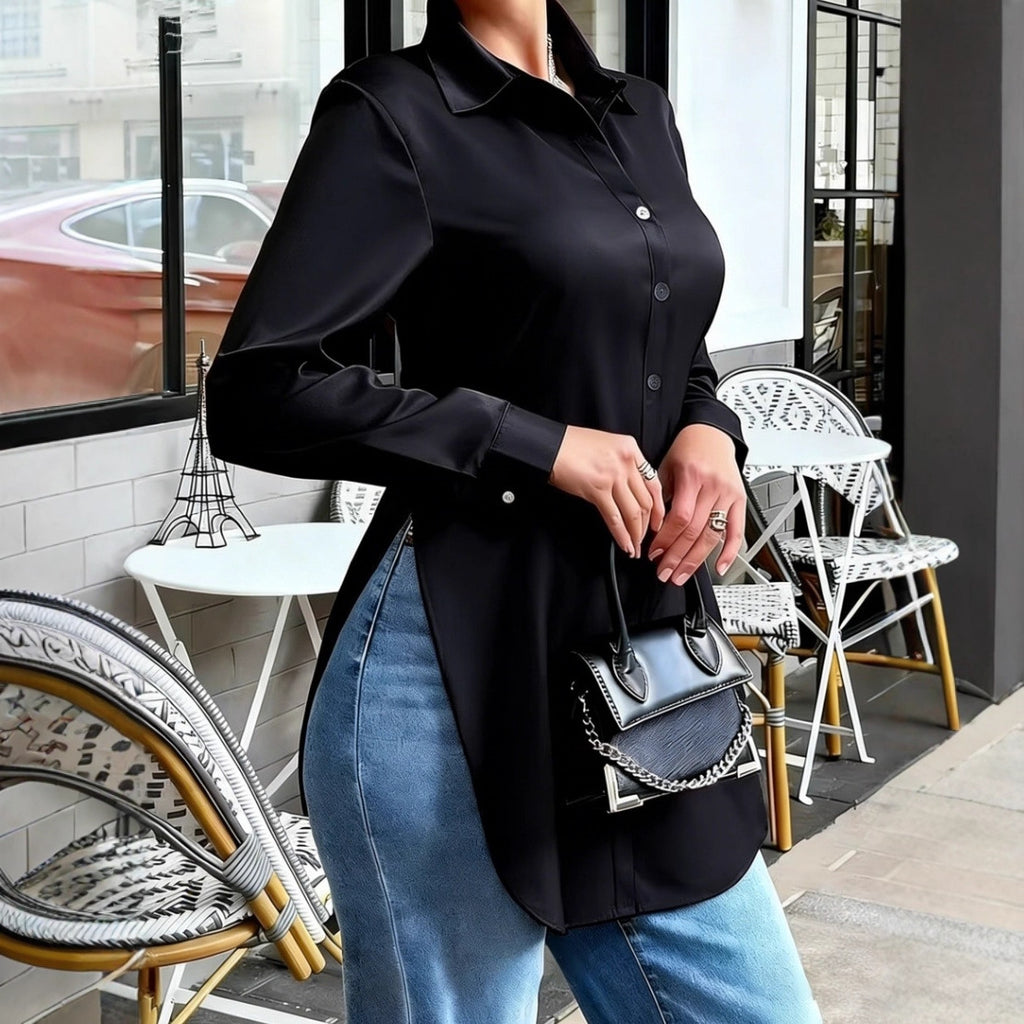 Womens Solid-Color Irregular-Hem Long-Sleeve Satin Shirt