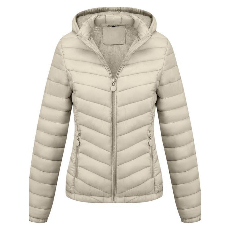 Women's Solid-Color Zippered Hooded Winter Coat Jacket Casual