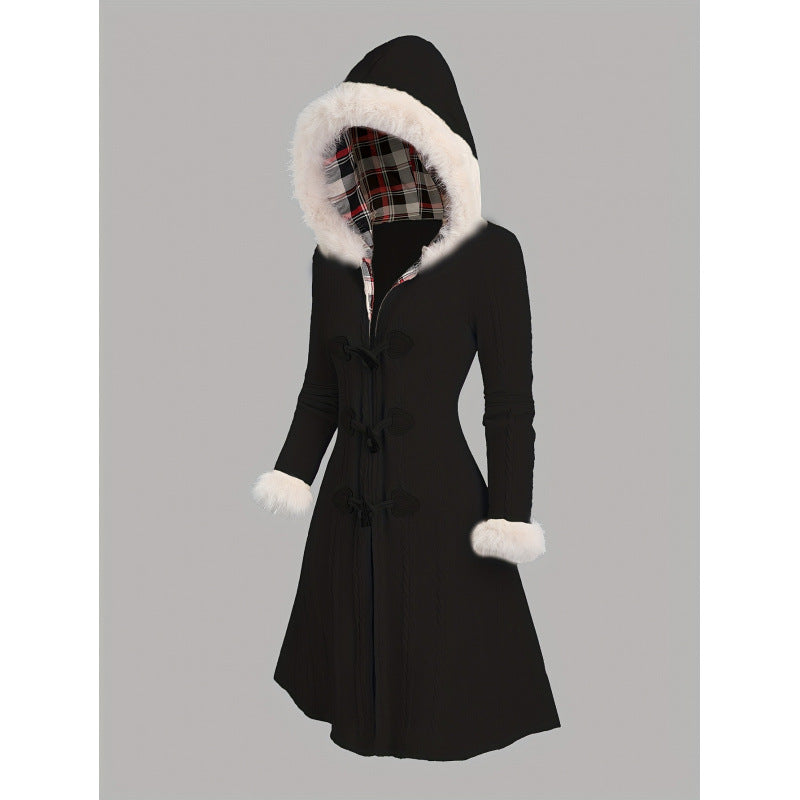 Long Hooded Coat With Horn-shaped Buttons