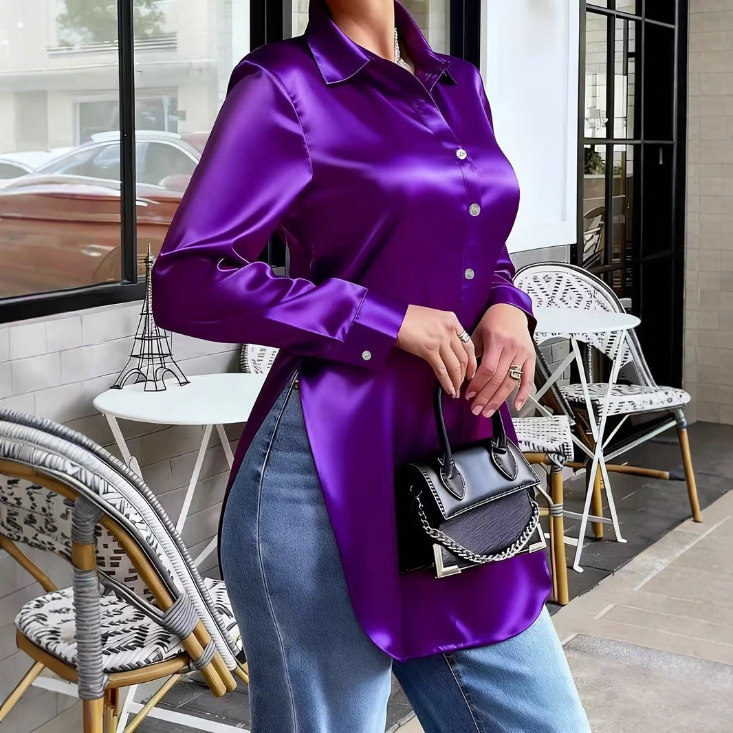 Womens Solid-Color Irregular-Hem Long-Sleeve Satin Shirt