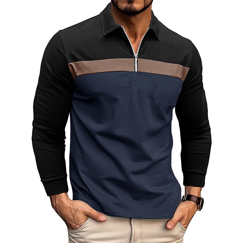 Men's Vintage Color Block Zip Polo Shirt