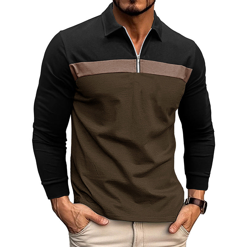 Men's Vintage Color Block Zip Polo Shirt
