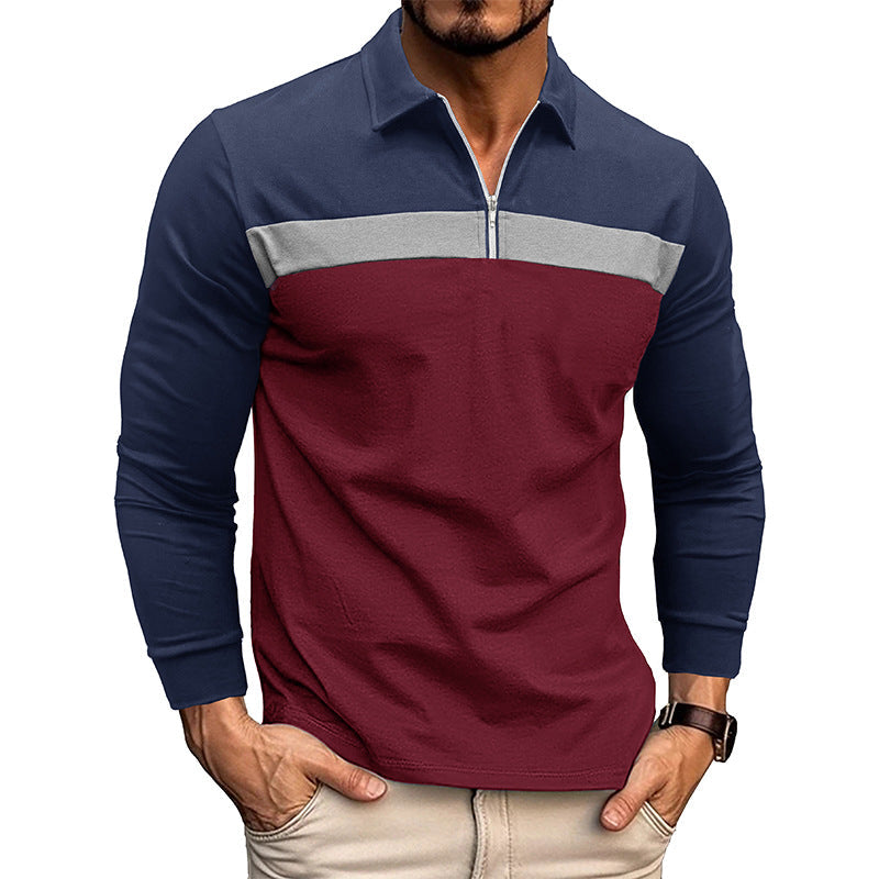 Men's Vintage Color Block Zip Polo Shirt