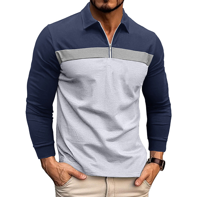 Men's Vintage Color Block Zip Polo Shirt