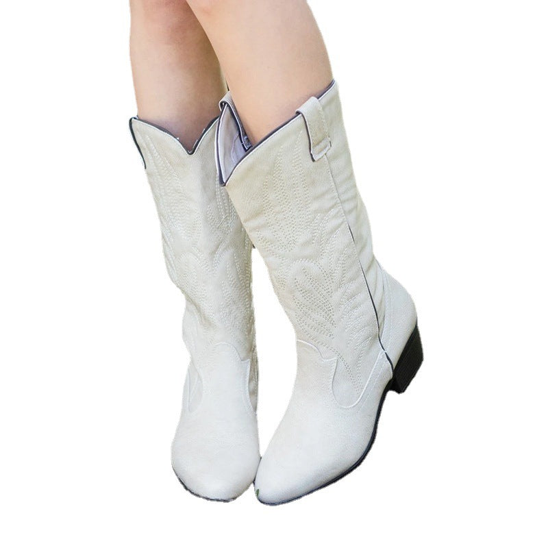 Oversized Women's Boots Western Cowboy Boots Middle Heel Ethnic Style Square Toe Boots