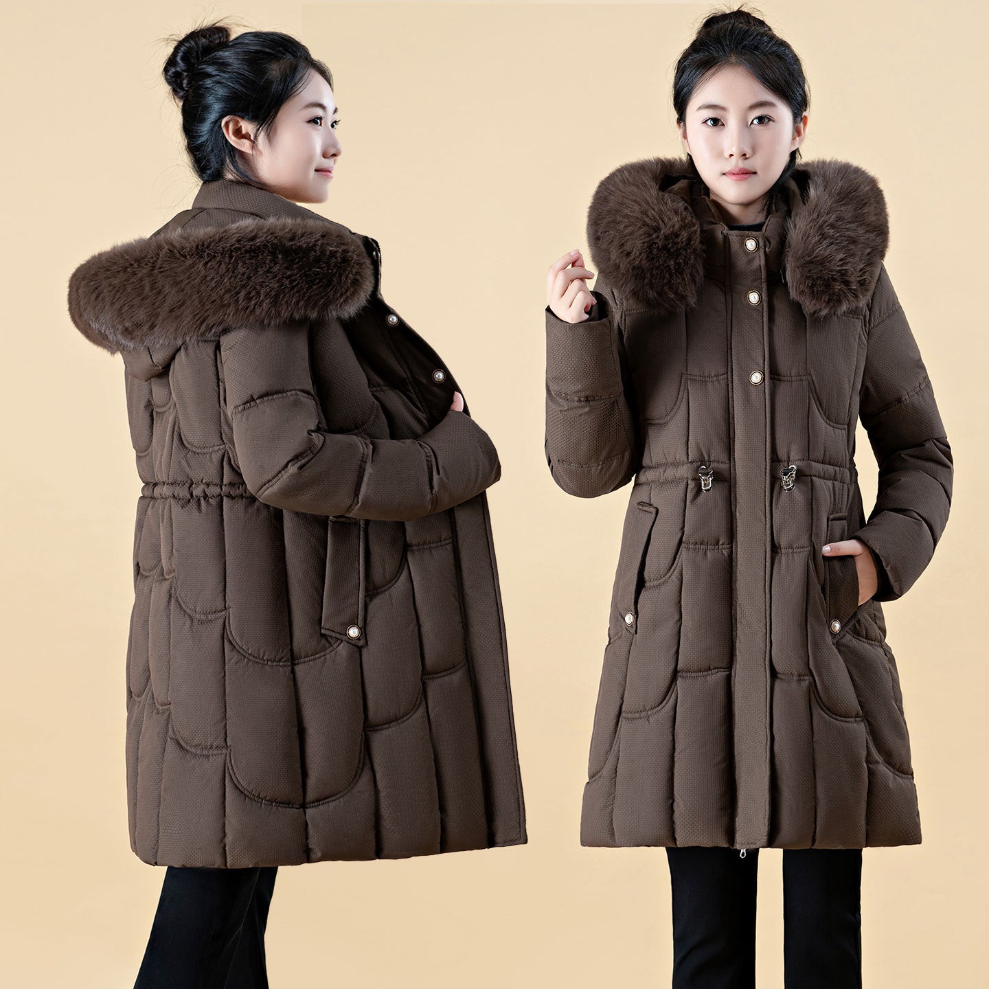 Womens Mid-Length, Loose-Fit Down Padded Jacket