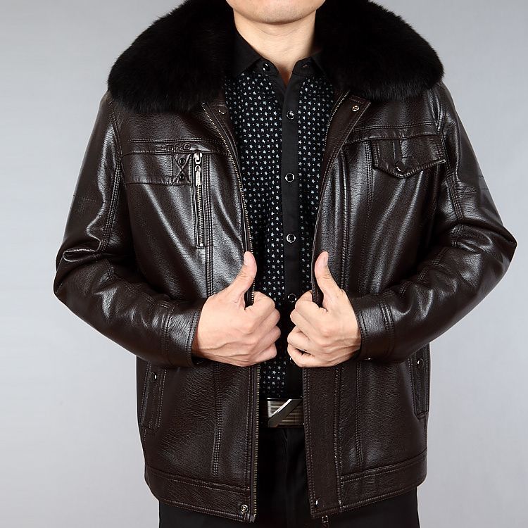 Mens Leather Jacket With Lapel And Fur Collar For Middle-Aged