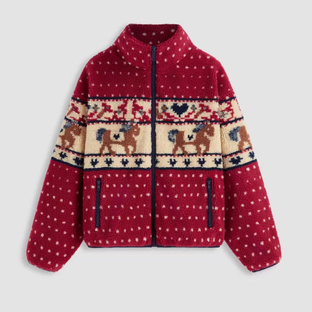 Christmas Long-sleeve Zipper Pocket Snowflake Moose Woolen Coat