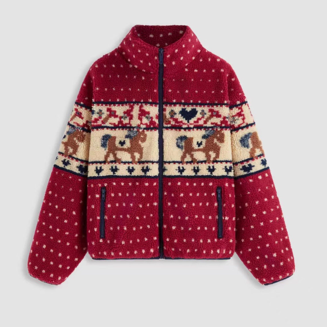 Christmas Long-sleeve Zipper Pocket Snowflake Moose Woolen Coat